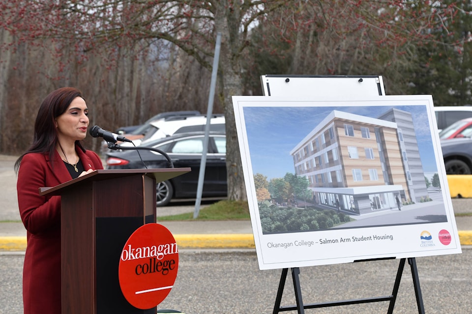 Vernon-Monashee MLA Harwinder Sandhu speaks on April 21, 2023 at the Salmon Arm campus of Okanagan College, where construction of a 60-unit student housing complex is about to begin. (Martha Wickett-Salmon Arm Observer)