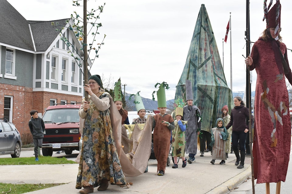 Salmon Arm’s Earth Day festivities on Saturday, April 22, 2023, included a Walk of the Woods tree parade hosted by Runaway Moon Theatre. (Rebecca Willson/ Salmon Arm Observer)