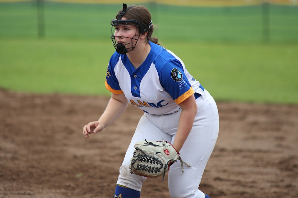 Armstrong’s Danielle Lachmuth is a picture of concentration at first base for Team B.C. in 19U women’s softball action at the North American Indigenous Games in Nova Scotia. (Tenille Lachmuth photo)