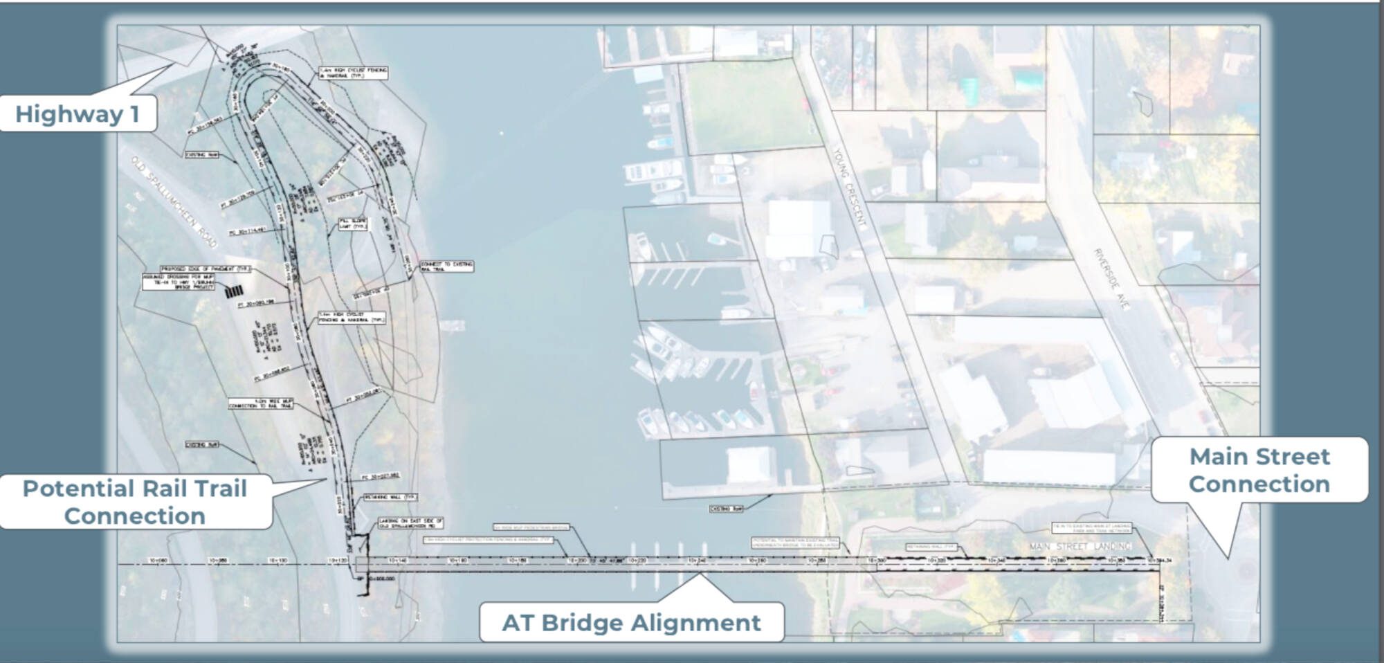 A map shows the preliminary plans for where a pedestrian bridge over the Sicamous Narrows would connect on either side of the water. (Urban Systems)