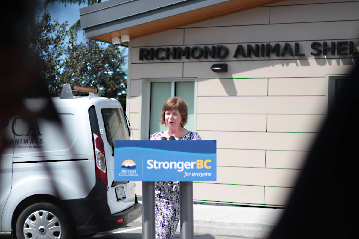 Social Development Minister Sheila Malcolmson speaks Thursday (July 27, 2023) at the BC SPCA Richmond Animal Shelter to announce $5-million in funding for the Rick Hansen Foundation BC Accessibility Grants Program. Eight communities had already received grants, and now two Indigenous communiities and five additional municipalities will also be selected. (Lauren Collins)