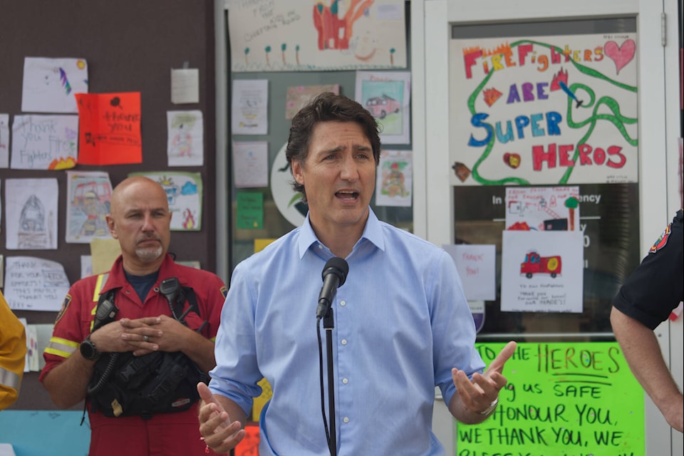 Prime Minister Justin Trudeau answers questions at a news conference during his visit to West Kelowna last Friday, Aug. 25. (Gary Barnes/Capital News)