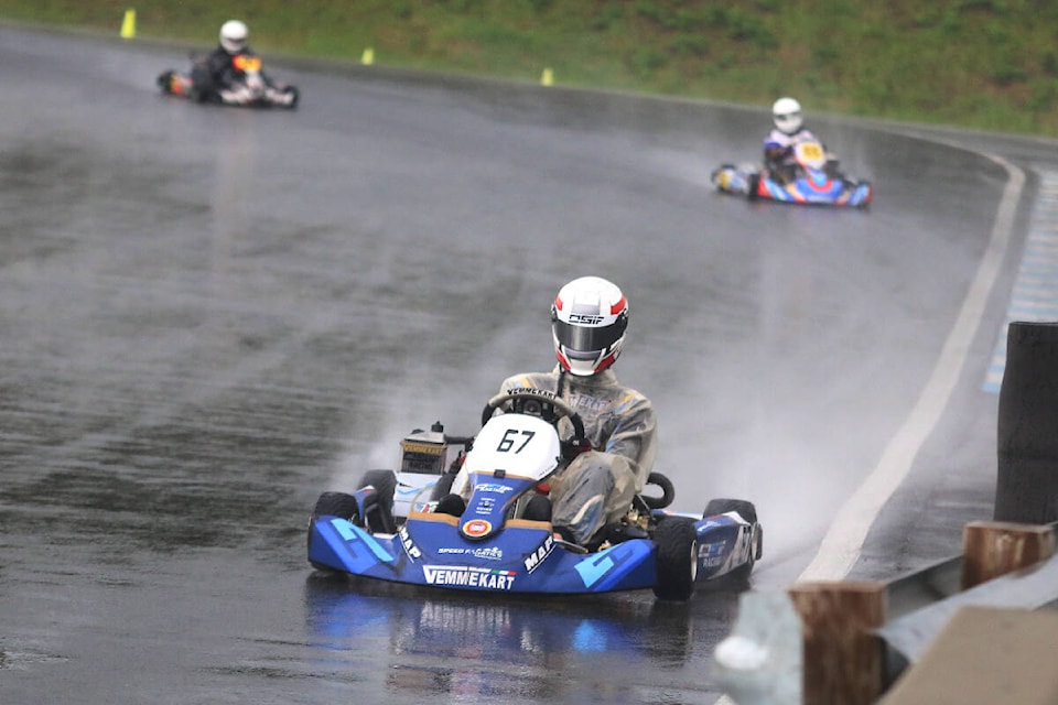 Kart drivers round a turn at the Vancouver Island Motorsport Circuit during races hosted by the Vancouver Island Karting Association on May 8, 2022. The drivers are headed back to the VIMC this coming weekend. (Kevin Rothbauer/Citizen file) 