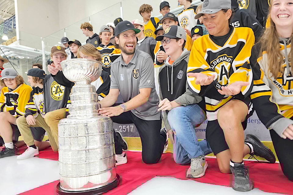 Las Vegas Golden Knights defenceman Shea Theodore posed with young Aldergrove hockey players and the Stanley Cup on Tuesday, Aug. 29. (Dan Ferguson/) 