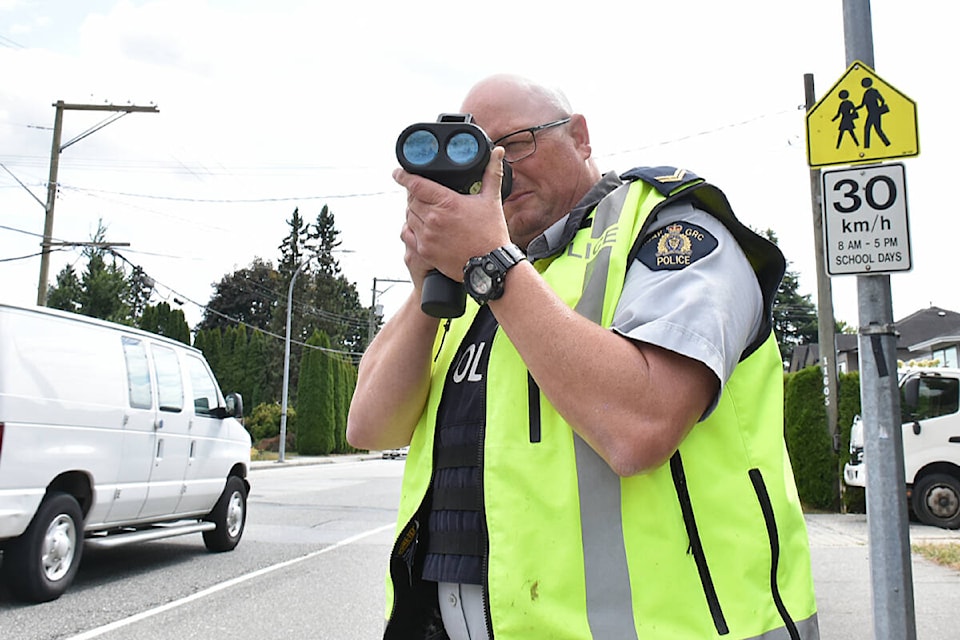 Cpl. Eric Obermayer, head of the Road Safety Target Team with the Ridge Meadows RCMP, will be out enforcing the 30km/hr speed limit in school zones on Tuesday, Sept. 5, along with his team. (Colleen Flanagan/The News) 