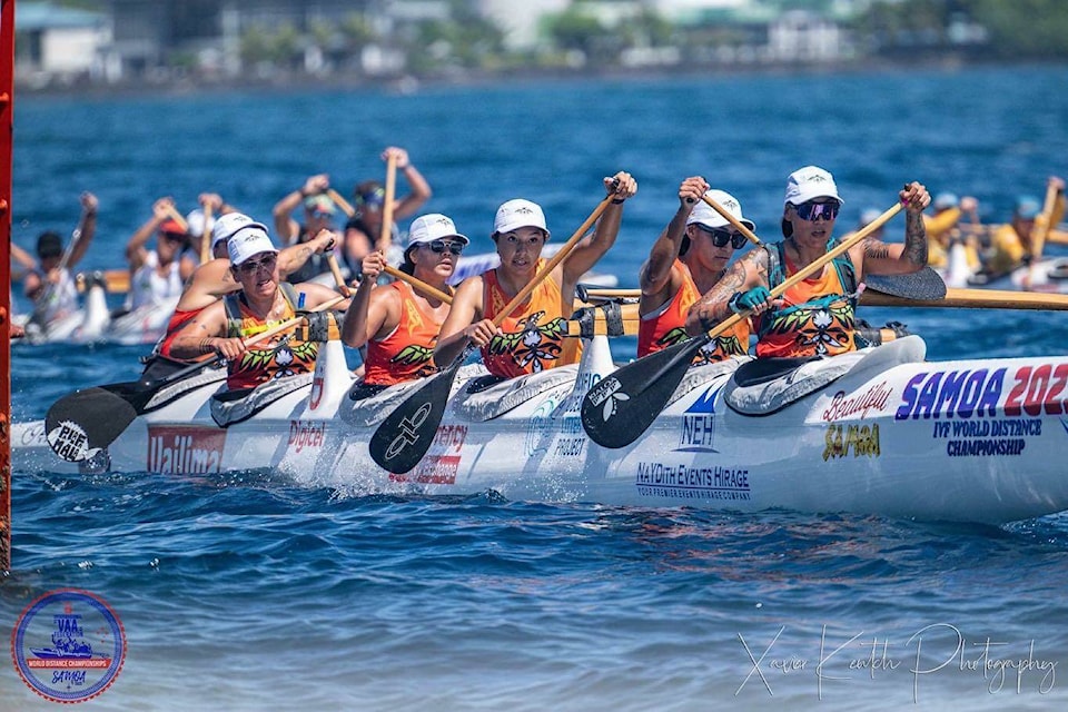 Team Canada’s Ellashani George and her team in the open V6 24km race at the IVF World Distance Outrigger Championships in Samoa earlier this month. (Xavier Keutch Photography) 