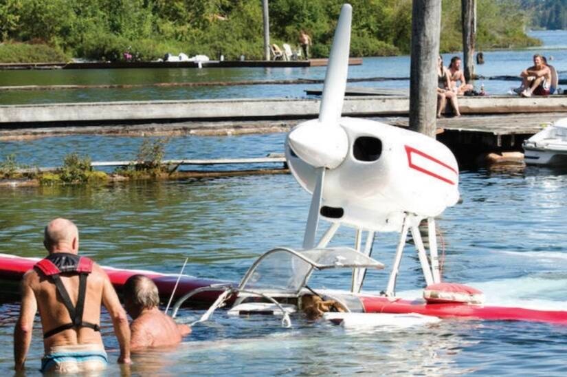 ”John Howroyd’s VJ-22 Volmer Sportsman custom-built amphibian airplane was righted near shore at the end of Nantree Road in Marble Bay after flipping in Cowichan Lake.” (Lake Cowichan Gazette/Sept. 4, 2013) 