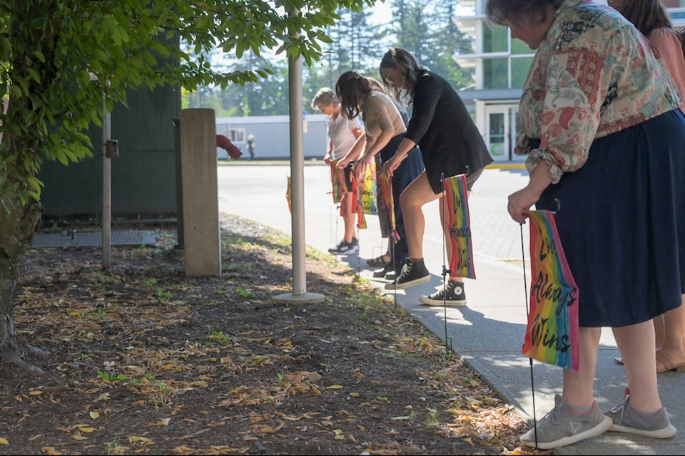 A display in support of the LGBTQ community has been repeatedly vandalized at Abbotsford’s University of the Fraser Valley campus. New flags have once again been installed as replacements. (Submitted photo) 