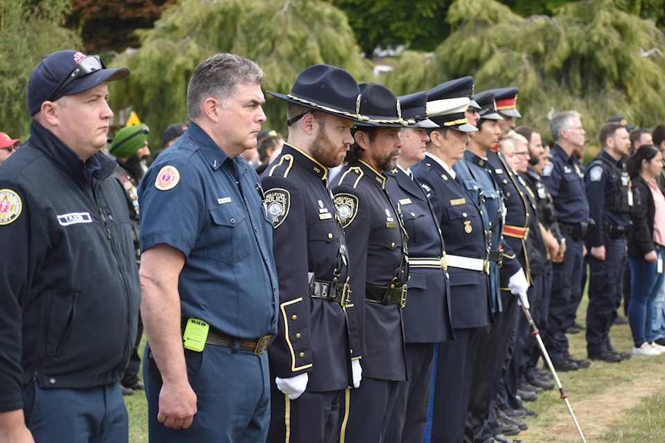 Among those attending the ceremony marking the 22nd anniversary of the 9/11 attacks were first responders from the U.S. including members of the Bellevue, Wa. police. (Alex Browne photo) Among those attending the ceremony marking the 22nd anniversary of the 9/11 attacks were first responders from the U.S. including members of the Bellevue, Wa. police. (Alex Browne photo) 