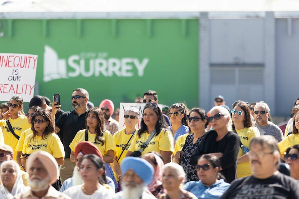Hundreds attended the “Healthcare Now” rally in Surrey on Saturday, Sept. 9, 2023. (Photo: Anna Burns) 