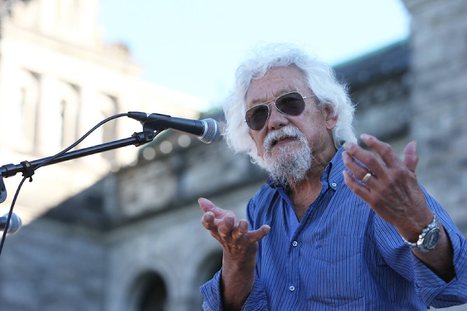 David Suzuki called on hundreds of climate protesters gathered at the B.C. legislature grounds Friday (Sept. 15) afternoon to make it clear to politicians that the environment must be placed above the economy in their priorities amid the climate crisis. (Justin Samanski-Langille/News Staff) 
