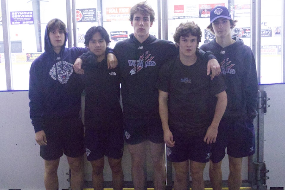 The Peninsula Panthers Campbell River five. Gavin Mowat, Ahron Calalay, Jason Sekluich, Carson Harris and Tanner Ferrill all call the Rivercity home. Photo by Edward Hitchins/Campbell River Mirror 