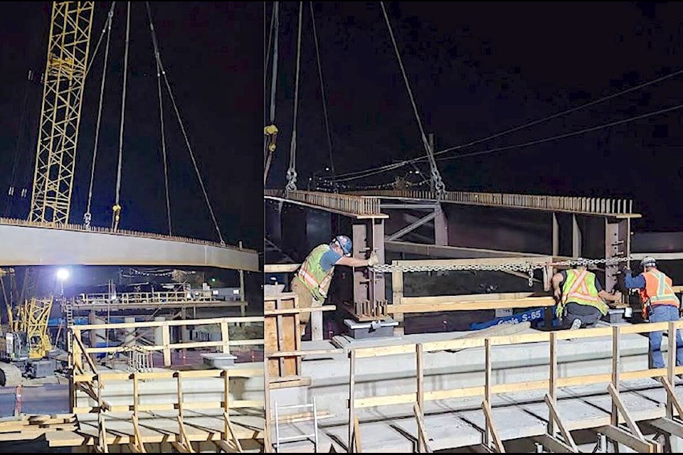 Crews installed girders over Highway 1 for the new Glover Road crossing on Monday, Sept. 18. A traffic advisory warned of delays while the work is underway. (B.C. Ministry of Transportation and Infrastructure/Special to Langley Advance Times) 