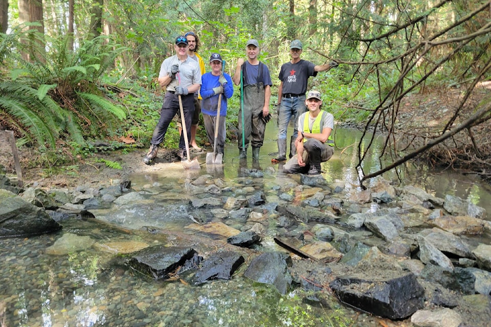 Peninsula Streams and Shorelines volunteers and staff reconstruct riffles, add spawning gravel, remove a stump causing excess erosion and stake the banks, building up the health of Tetayut Creek. (Peninsula Streams/Facebook) 