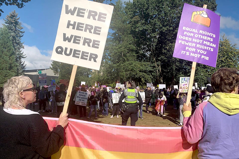 Counter protestors showed up at a planned 1 Million March 4 Children in Abbotsford’s Jubilee Park Sept. 20. It was one of several such protests and counter protests held across Canada. (Jessica Peters/Abbotsford News) 