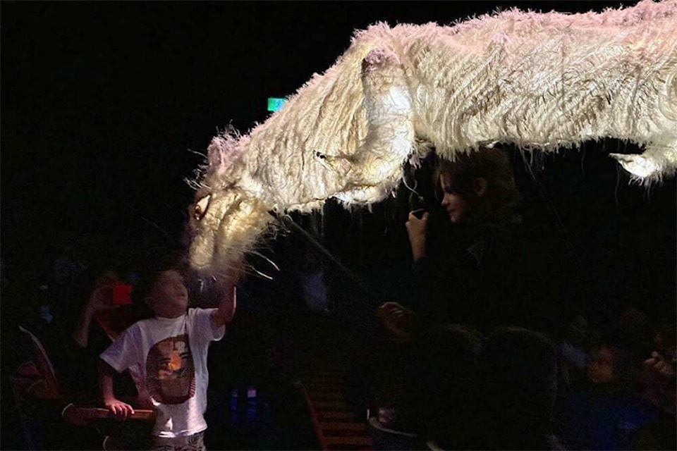 Professional puppeteer Tamara Unroe and students from Abbotsford School of Integrated Arts (ASIA) – Sumas Mountain will bring giant illuminated puppets to life, recalling the memory of Sumas Lake as it would have been before it was drained, as part of a Truth and Reconciliation program in Abbotsford on Sept. 30. (Instagram @stetisimexstowxgathering) 