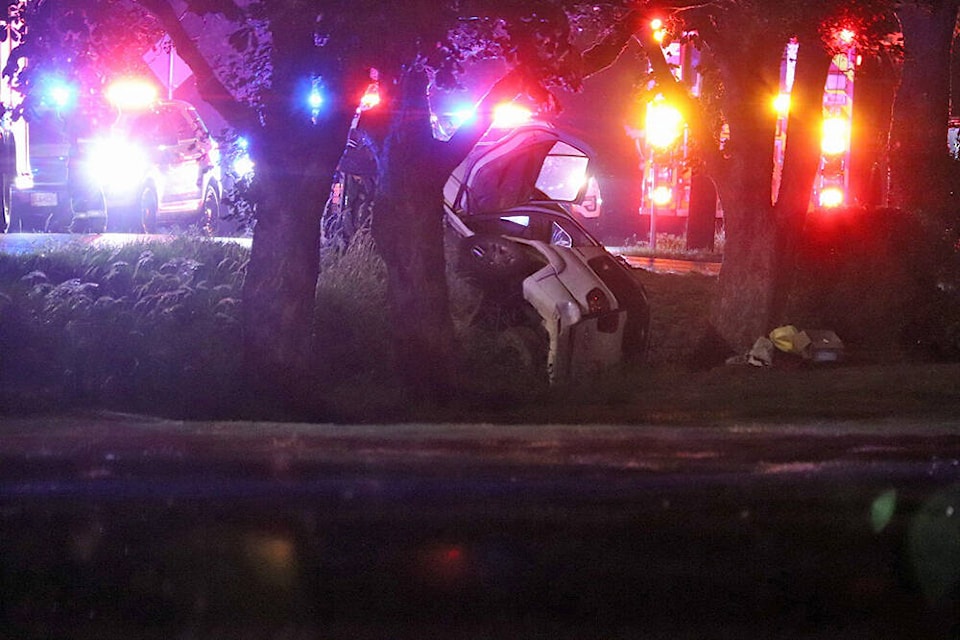 A single driver is suspected of causing multiple collisions in Surrey and Delta late Saturday evening (Sept. 16), sending more than one person to hospital with unknown injuries. (Shane MacKichan photo) 