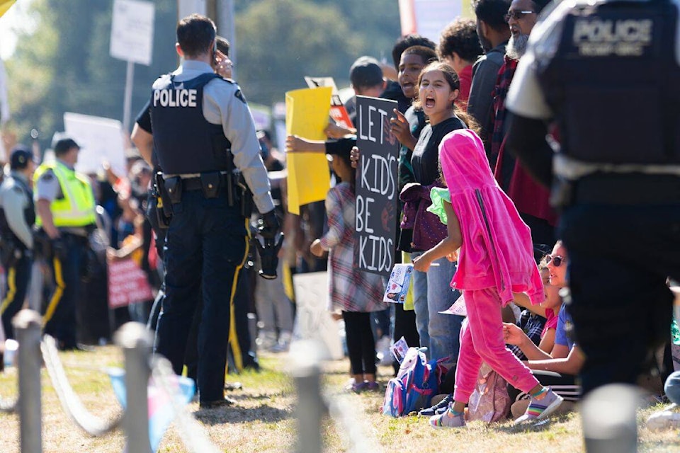 Children protesting at the anti-SOGI march in Surrey on Wednesday, Sept. 20, 2023. (Photo: Anna Burns) 