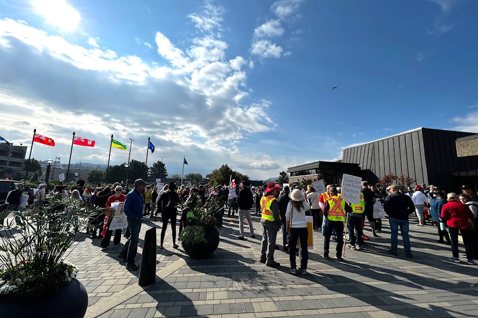 An estimated 200 people turned up at Vernon City Hall Wednesday, in support of and against SOGI. (Bowen Assman - Morning Star) 