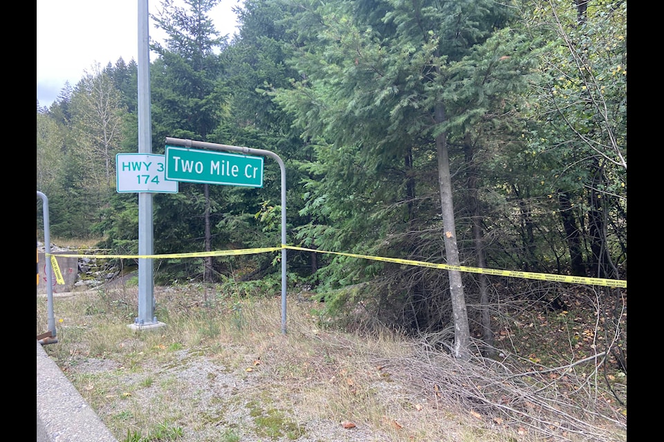 On Sunday night (Sept. 17), RCMP were on scene after a man’s body was discovered in a dry creek bed near the Two Mile Creek Bridge. (Kemone Moodley/Hope Standard) 