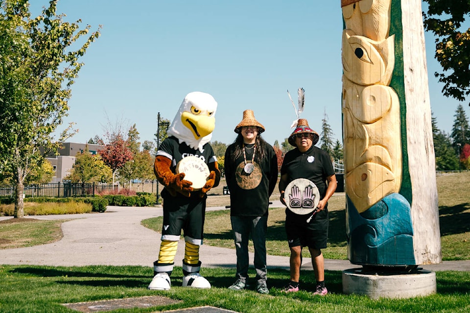 Vancouver Football Club officially introduces Sp’óq’es (sp-aa-KUS), the team’s eagle mascot, at the Saturday, Sept. 23 match. (Beau Chevalier,Vancouver FC/Special to 91ԭ Advance Times) 