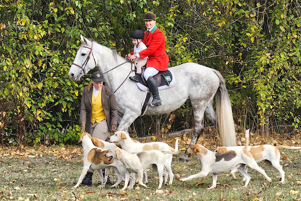 William Donnellan (on horseback) arrived for fourth annual charity ride by Aldergrove-based Fraser Valley Hunt in support of Pacific Riding for Developing Abilities with his three-year-old son Tiernan, along with huntsman Kelly Coughlin and her English Foxhounds. (Dan Ferguson/Langley Advance Times) 
