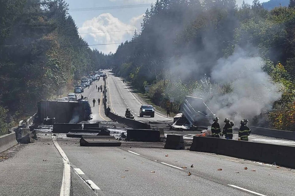 A truck and trailer crash and fire closes the Malahat Sept. 28. (Photo by Kyle Broda) 