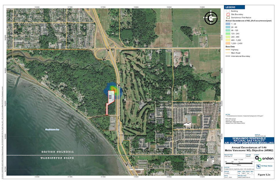 One of multiple graphics included in an air-quality dispersion modelling report prepared by Tetra Tech Canada Inc. for Andion North America Ltd. regarding the biofuel facility proposed for Semiahmoo First Nation land in South Surrey. 