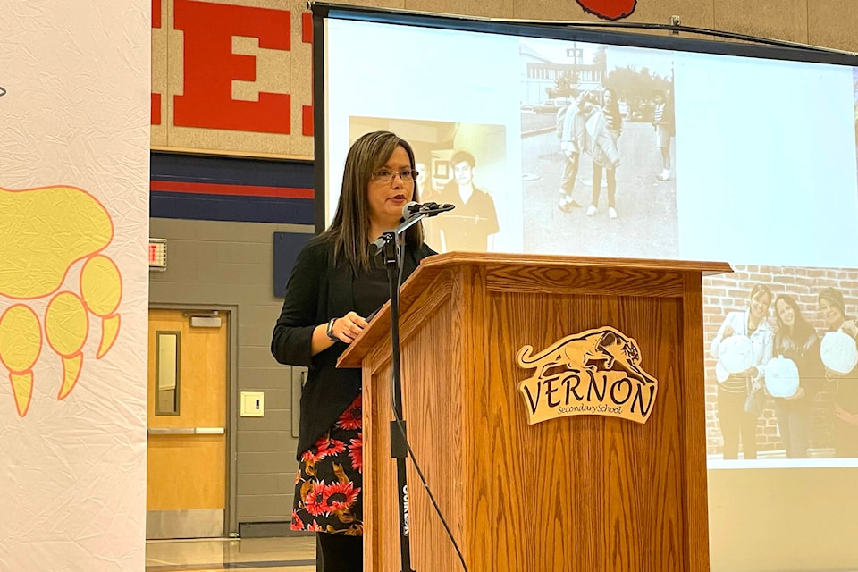 Indigenous education consultant Anne Tenning, from the Central Okanagan School District, speaks to the Vernon School District staff Sept. 25 at Vernon Secondary. (SD22 photo) 