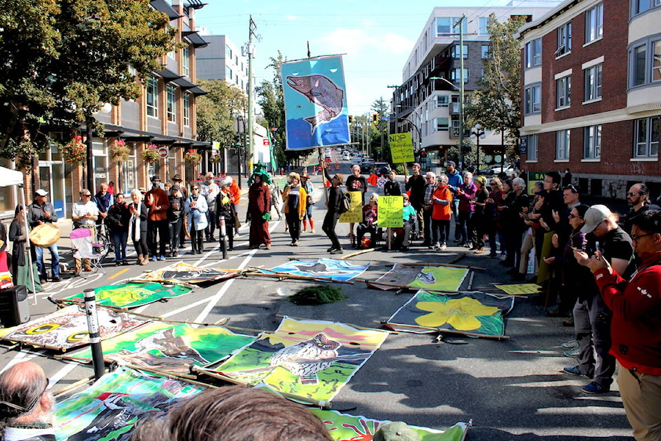 Demonstrators in Victoria joined others across the province on Sept. 28 as they called for more protection of old-growth forests. (Jake Romphf/News Staff) 