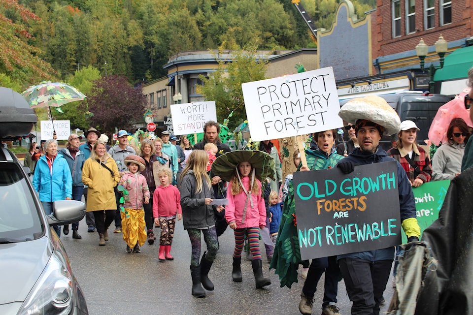 A group makes their way down MacKenzie Ave. as part of the United for Old Growth march. Thursday, Sept. 28. (Zachary Delaney/Revelstoke Review) 