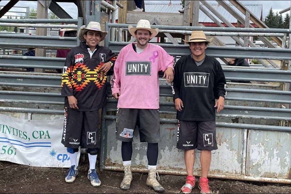 C+ Rodeos bullfighters Wendell Williams, left, Cody Call and Jace Myers at the Smithers Fall Fair Rodeo. (Photo submitted) 