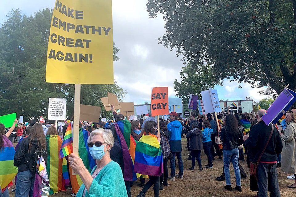 Counter protestors showed up at a planned 1 Million March 4 Children in Abbotsford’s Jubilee Park Sept. 20. It was one of several such protests and counter protests held across Canada. (Jessica Peters/Abbotsford News) 