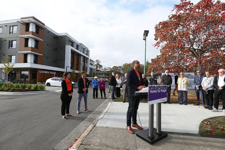 Ravi Kahlon, Minister of Housing, speaks at a press conference announcing the official opening of The Oaks, a 58-unit apartment building providing affordable rental housing for families, seniors, and people living with disabilities, in Victoria Friday (Sept. 29). (Justin Samanski-Langille/News Staff) 