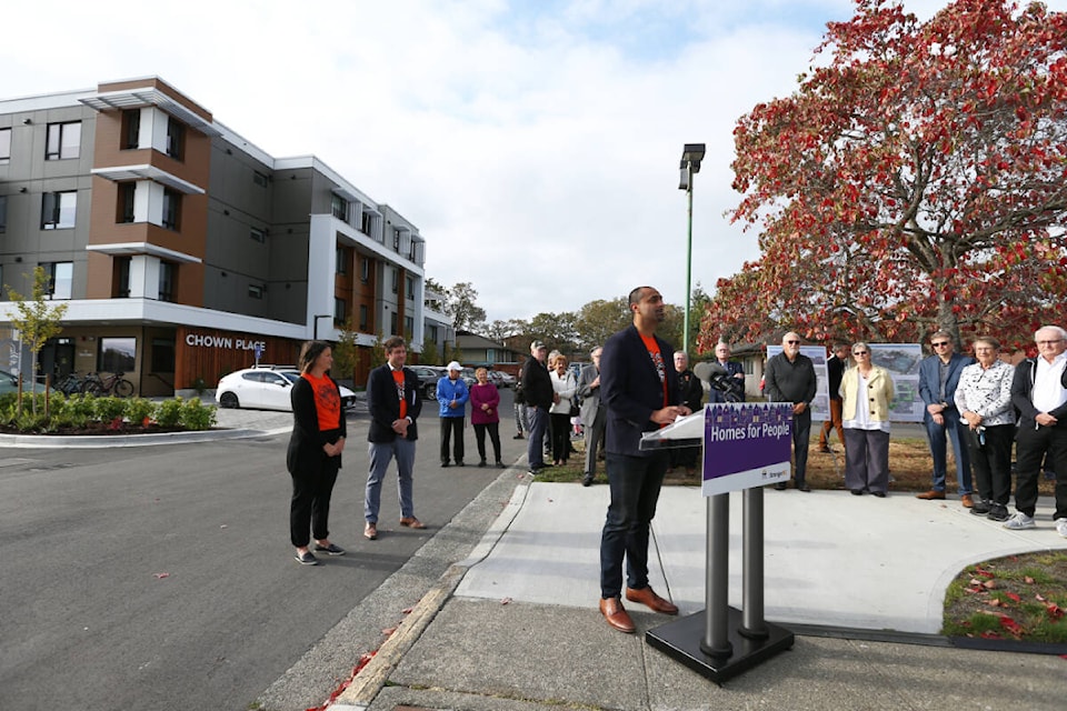 Ravi Kahlon, Minister of Housing, speaks at a press conference announcing the official opening of The Oaks, a 58-unit apartment building providing affordable rental housing for families, seniors, and people living with disabilities, in Victoria Friday (Sept. 29). (Justin Samanski-Langille/News Staff) 