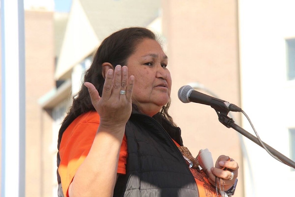 Diane Sam of the Songhees Nation serves as guest speaker for the third consecutive year at the Capital Bike Truth and Reconciliation Day Ride in honour of residential school survivors on Sept. 30. (Christine van Reeuwyk/News Staff) 
