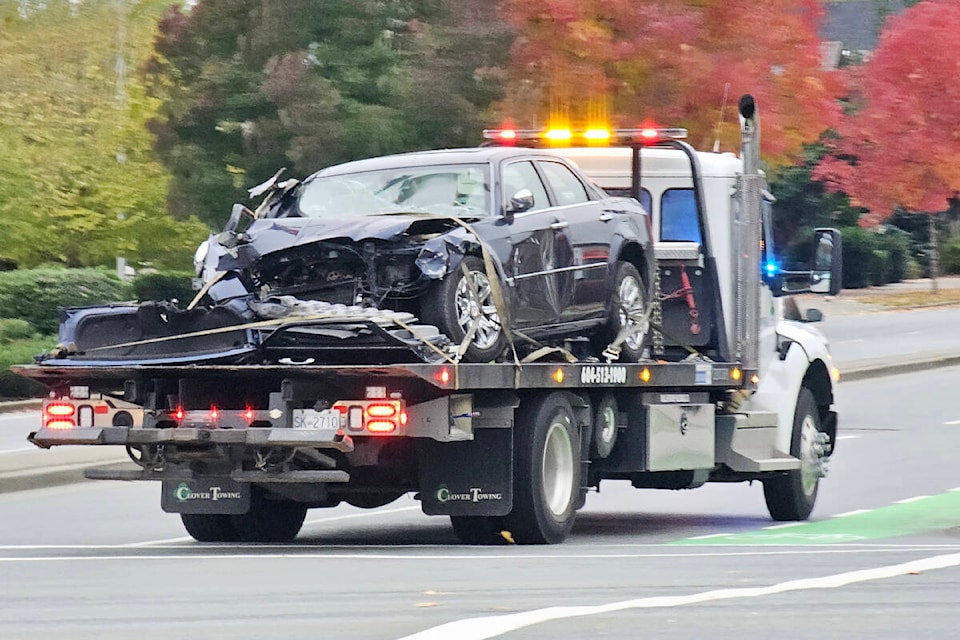 One of the vehicles involved in a crash that closed 200th Street south of 72nd Avenue. (Dan Ferguson/Langley Advance Times) 