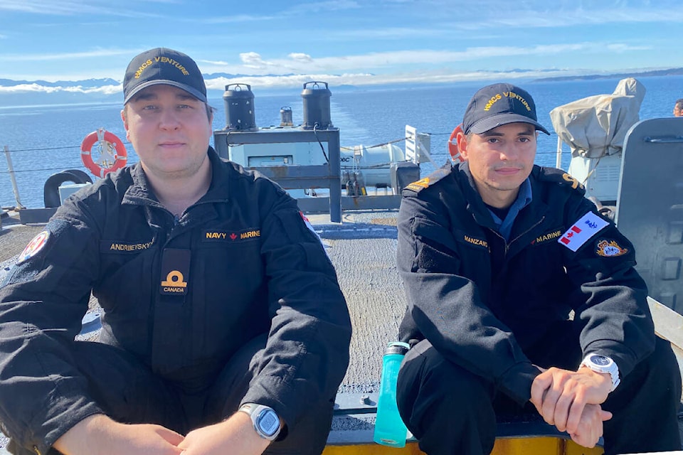 Left to right: Vitalii Andriievskyi training in combat systems and Jose Manzano training in naval engineering on HMCS Winnipeg. (Ella Matte/News Staff) 
