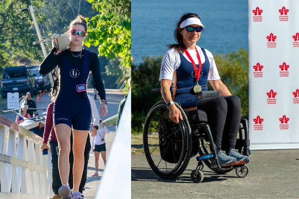 Aida Mills (left) getting ready to launch her boat for the final race, while (right) is Christa Akins, the gold medalist in the Womens PR1 Single Scull Event at the 2023 National Rowing Championships, hosted in Duncan on Vancouver Island. (Contributed) 