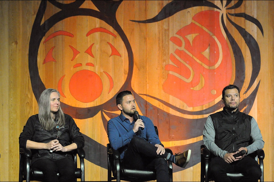 From left, Chief Lara Mussell, Chief Derek Epp and Chief David Jimmie take part in an Indigenous leadership panel discussion during the ‘Our Journey to Truth and Reconciliation’ event hosted by the Chilliwack School District 33 at the Chilliwack Coliseum on Friday, Oct. 6, 2023. (Jenna Hauck/ Chilliwack Progress) 