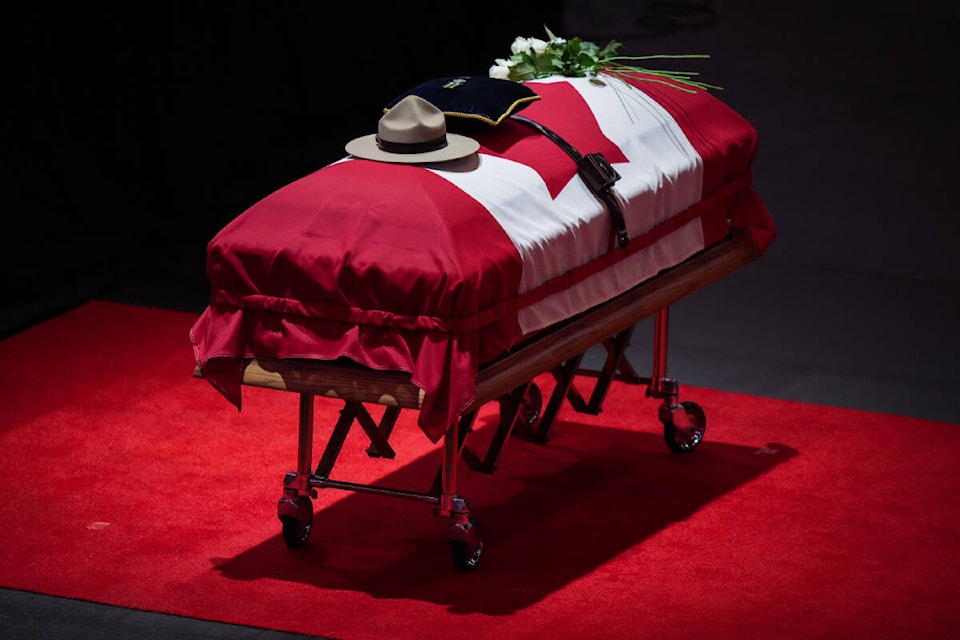 RCMP Const. Rick O’Brien’s stetson rests on his casket during a regimental funeral in 91ԭ, B.C., on Wednesday, October 4, 2023. O’Brien, 51, was killed last month while executing a search warrant at a home in Coquitlam. THE CANADIAN PRESS/Darryl Dyck 