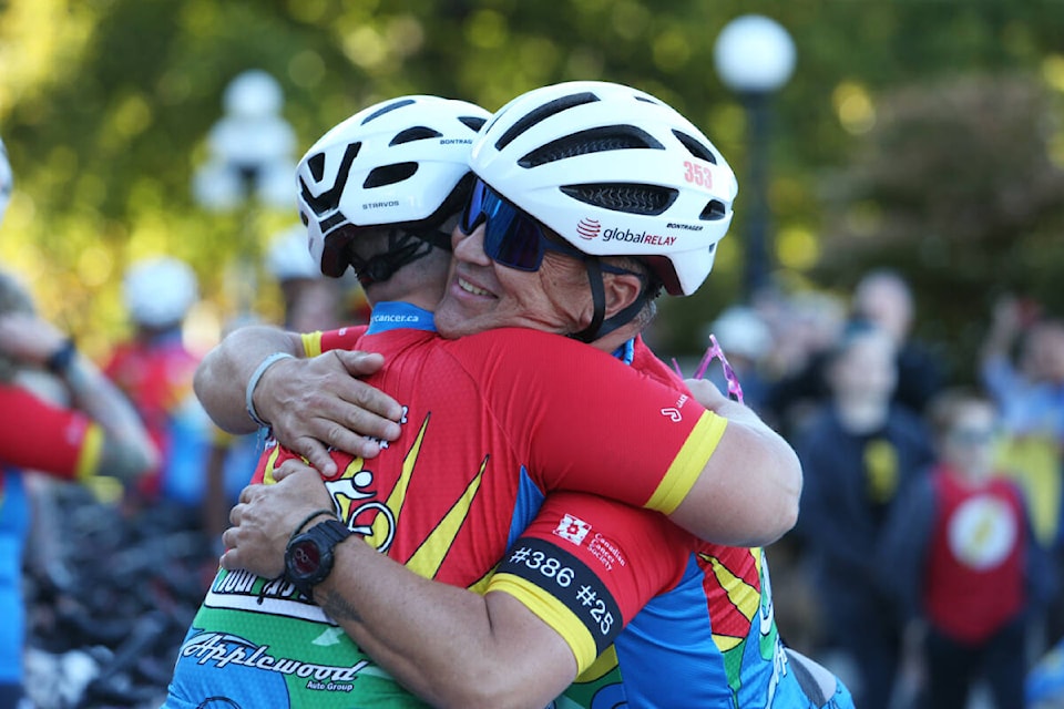 The 19 Cops for Cancer Tour de Rock riders for the 2023 edition of the fundraiser officially completed their 1,200 km ride at the B.C. legislature Friday (Oct. 6). This year’s event raised more than $1 million for the Canadian Cancer Society. (Justin Samanski-Langille/News Staff) 