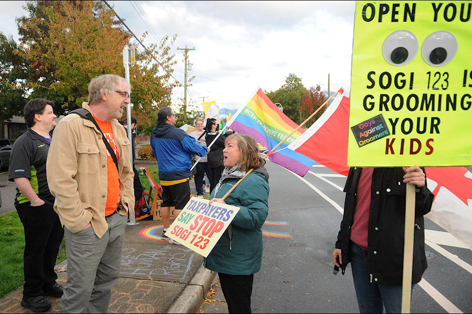 An anti-SOGI protest was held outside of the Abbotsford school district administration office during the public board of education meeting on Tuesday night (Sept. 26). (Screengrab from video) 