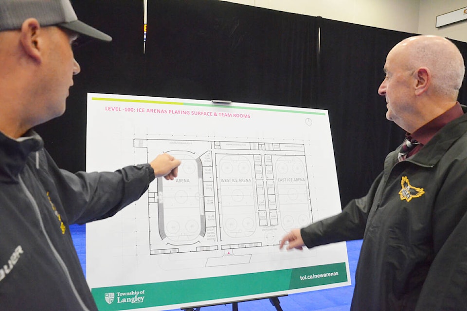 Langley Minor Hockey VP Mike Parkinson, left, and president Danny Franco, right, check out plans for a three-rink, two-dry floor arena project at the Langley Events Centre on Tuesday, Oct. 10. (Matthew Claxton/Langley Advance Times) 