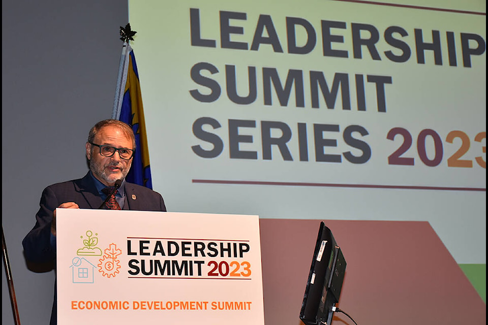 Maple Ridge Mayor Dan Ruimy speaks at the economic development summit. (Neil Corbett/The News) 