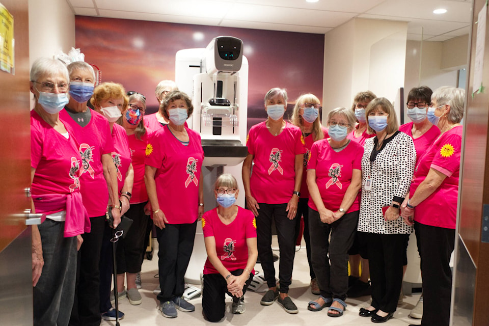 Members of the Friends Abreast dragon boat team from Salmon Arm viewed the new mammography unit with Fiona Harris, director of development with the Shuswap Hospital Foundation, at the Shuswap Lake General Hospital Wednesday, Oct. 4, 2023. (Rebecca Willson/Salmon Arm Observer) 