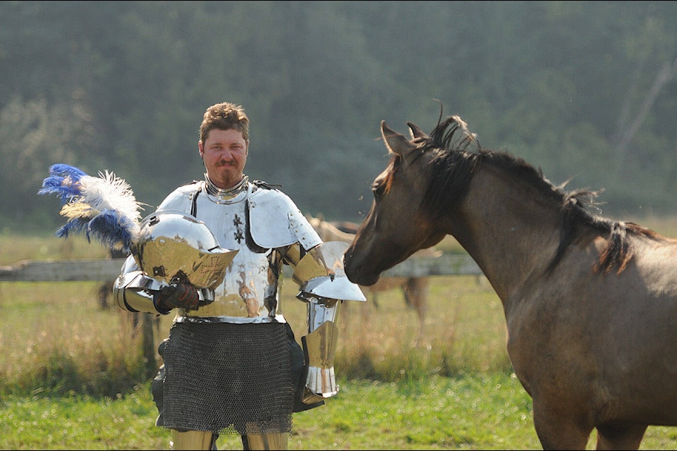 Josh Tobey, who’s a member of jousting troupe Knights of Valour, is pictured at his Chilliwack home on Sept. 16, 2023. (Jenna Hauck/ Chilliwack Progress) 