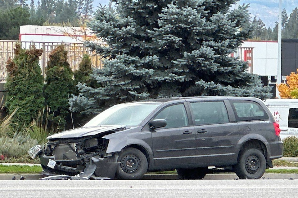 A damaged vehicle which was involved in a two-vehicle crash on Highway 97 near Banks Road in 鶹ѡ on Tuesday, Oct. 10, 2023. (Jordy Cunningham/Capital News) 