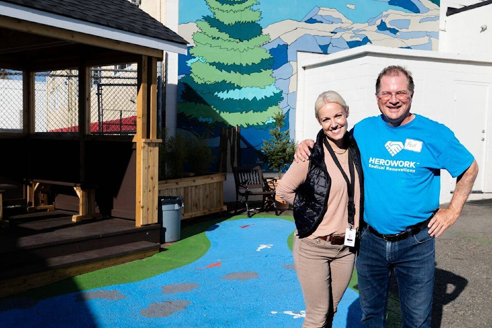 Amber Neufeld, director of development for Surrey Urban Mission Society, with Paul Latour, CEO and founder of Herowork, in the space behind The Cove transitional shelter in Whalley (Photo: Anna Burns) 