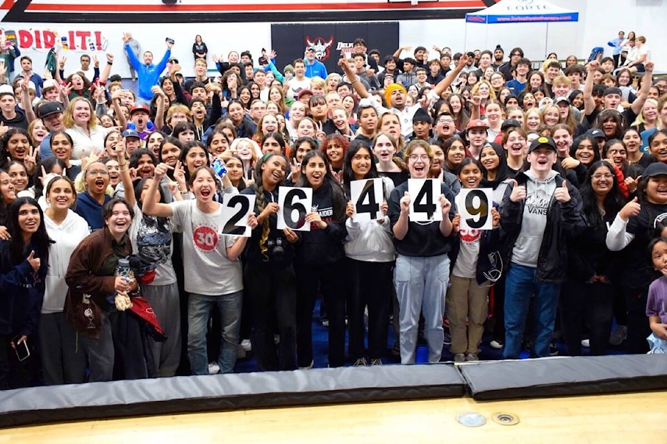 Students at Delview Secondary set a new record at this year’s Thanks 4 Giving food drive, collecting 26,449 non-perishable food items for Deltassist and the Surrey Food Bank on Thursday, Oct. 12, 2023. (James Smith/North Delta Reporter photo) 